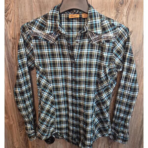 Wrangler Western Shirt L/S Women Sz Small Plaid Studded & Metallic Accent Thread